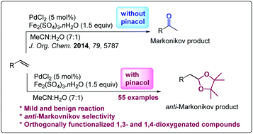 Graphical abstract: Palladium-catalyzed anti-Markovnikov oxidative acetalization of activated olefins with iron(iii) sulphate as the reoxidant