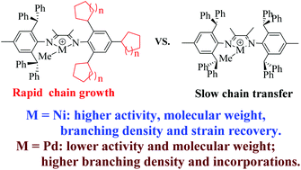 Graphical abstract: The synergistic effect of rigid and flexible substituents on insertion polymerization with α-diimine nickel and palladium catalysts
