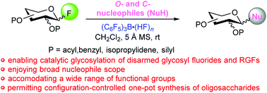 Graphical abstract: (C6F5)3B·(HF)n-catalyzed glycosylation of disarmed glycosyl fluorides and reverse glycosyl fluorides
