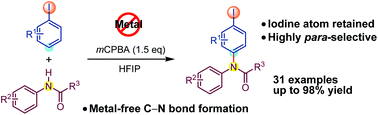 Graphical abstract: Oxidative cross-dehydrogenative coupling between iodoarenes and acylanilides for C–N bond formation under metal-free conditions