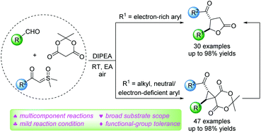 Graphical abstract: Synthesis of disubstituted γ-butyrolactones and spirocyclopropanes via a multicomponent reaction of aldehydes, Meldrum's acid and sulfoxonium ylides