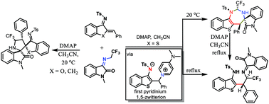 Graphical abstract: Synthesis of novel pyridinium 1,5-zwitterions and their reactivity with isatin-based α-(trifluoromethyl)imines: a sulfur-controlled domino reaction