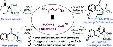 Graphical abstract: N-Nosyl-O-bromoethyl hydroxylamine acts as a multifunctional formaldehyde, formaldimine, and 1,2-oxazetidine surrogate for C–C and C–O bond-forming reactions