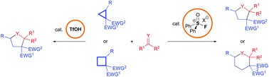 Graphical abstract: Electrophilic fluorosulfoxonium cations as hidden Brønsted acid catalysts in (n + 2) annulations of strained cycloalkanes