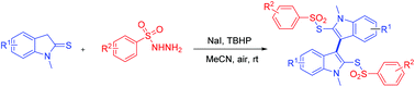 Graphical abstract: NaI/TBHP-promoted reaction of indole-2-thiones with arylsulfonyl hydrazides: construction of achiral axial 3,3′-biindole-2,2′-dibenzenesulfonothioate derivatives