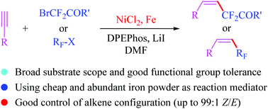 Graphical abstract: Stereoselective synthesis of fluoroalkylated (Z)-alkene via nickel-catalyzed and iron-mediated hydrofluoroalkylation of alkynes