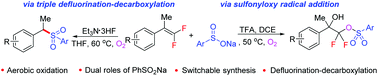 Graphical abstract: Switchable hydroxysulfonyloxylation and defluorination–decarboxylation sulfonylation of gem-difluoroalkenes with sodium sulfinate via aerobic oxidation