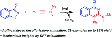 Graphical abstract: Silver-catalyzed desulfurizative annulation of 1,2-benzisothiazoles with ynamides to construct multi-substituted isoquinolines