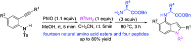 Graphical abstract: Synthesis of N-indolated amino acids or peptides from 2-alkynylanilines via a dearomatization process