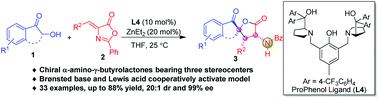 Graphical abstract: Dinuclear zinc-catalyzed asymmetric [3 + 2] cyclization reaction for direct assembly of chiral α-amino-γ-butyrolactones bearing three stereocenters