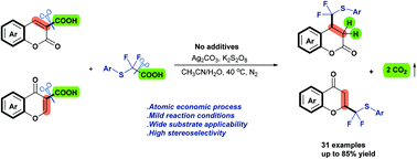 Graphical abstract: Silver-catalyzed stereoselective C-4 arylthiodifluoromethylation of coumarin-3-carboxylic acids via a double decarboxylative strategy