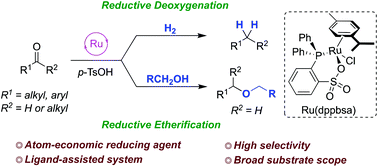 Graphical abstract: Ru(dppbsa)-catalyzed hydrodeoxygenation and reductive etherification of ketones and aldehydes