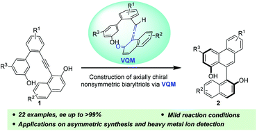 Graphical abstract: Organocatalytic atroposelective construction of axially chiral nonsymmetric biaryltriols and their applications in asymmetric synthesis and heavy metal ion detection