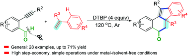Graphical abstract: Metal-/solvent-free oxidative [4 + 2]/[3 + 2] annulation of 2-ethynylbenzaldehydes with arylalkenes: facile synthesis of benzo[a]fluoren-5-ones