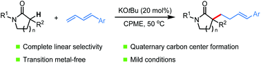 Graphical abstract: Construction of quaternary carbon centers by KOtBu-catalyzed α-homoallylic alkylation of lactams with 1,3-dienes