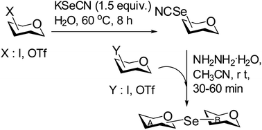 Graphical abstract: On-water synthesis of glycosyl selenocyanate derivatives and their application in the metal free organocatalytic preparation of nonglycosidic selenium linked pseudodisaccharide derivatives