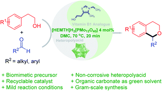 Graphical abstract: Heteropolyacid ionic liquid heterogeneously catalyzed synthesis of isochromans via oxa-Pictet–Spengler cyclization in dimethyl carbonate