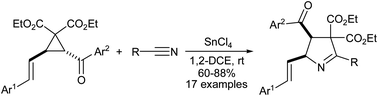 Graphical abstract: Tin(iv) chloride mediated (3 + 2) annulation of trans-2-aroyl-3-styrylcyclopropane-1,1-dicarboxylates with nitriles: diastereoselective access to 5-vinyl-1-pyrroline derivatives