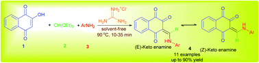 Graphical abstract: Green synthesis of new lawsone enaminones and their Z/E(C [[double bond, length as m-dash]] C)-isomerization induced by organic solvent