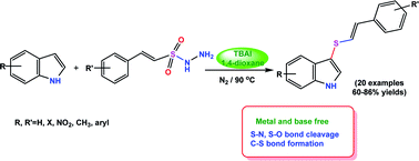 Graphical abstract: TBAI-assisted direct C–H activation of indoles with β-E-styrene sulfonyl hydrazides: a stereoselective access to 3-styryl thioindoles