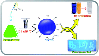 Graphical abstract: Cyan color-emitting nitrogen-functionalized carbon nanodots (NFCNDs) from Indigofera tinctoria and their catalytic reduction of organic dyes and fluorescent ink applications