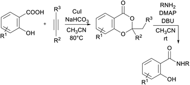 Graphical abstract: Synthesis of functionalized benzo[1,3]dioxin-4-ones from salicylic acid and acetylenic esters and their direct amidation