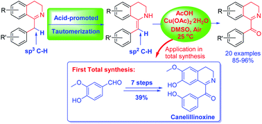 Graphical abstract: Copper(ii)-catalyzed and acid-promoted highly regioselective oxidation of tautomerizable C(sp3)–H bonds adjacent to 3,4-dihydroisoquinolines using air (O2) as a clean oxidant