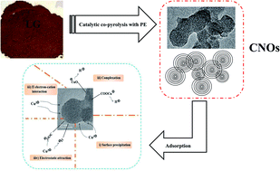Graphical abstract: Facile and green preparation of solid carbon nanoonions via catalytic co-pyrolysis of lignin and polyethylene and their adsorption capability towards Cu(ii)