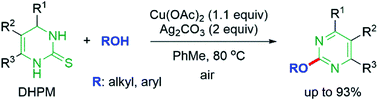 Graphical abstract: Aerobic copper-promoted oxidative dehydrosulfurative carbon–oxygen cross-coupling of 3,4-dihydropyrimidine-1H-2-thiones with alcohols