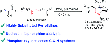 Graphical abstract: Phosphine-catalyzed [3 + 2] annulation of β-sulfonamido-substituted enones with trans-α-cyano-α,β-unsaturated ketones for the synthesis of highly substituted pyrrolidines