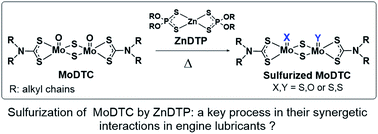 Graphical abstract: Molecular evidence for sulfurization of molybdenum dithiocarbamates (MoDTC) by zinc dithiophosphates: a key process in their synergetic interactions and the enhanced preservation of MoDTC in formulated lubricants?
