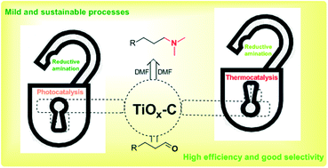 Graphical abstract: One catalyst for two uses: TiOx–C acts as either a photocatalyst or thermocatalyst to promote reductive amination