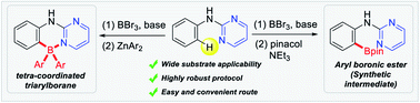 Graphical abstract: Pyrimidine-directed metal-free C–H borylation of 2-pyrimidylanilines: a useful process for tetra-coordinated triarylborane synthesis