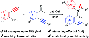 Graphical abstract: Cu(i) catalysis for selective condensation/bicycloaromatization of two different arylalkynes: direct and general construction of functionalized C–N axial biaryl compounds