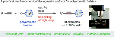 Graphical abstract: Efficient access to materials-oriented aromatic alkynes via the mechanochemical Sonogashira coupling of solid aryl halides with large polycyclic conjugated systems