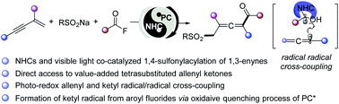 Graphical abstract: NHC and visible light-mediated photoredox co-catalyzed 1,4-sulfonylacylation of 1,3-enynes for tetrasubstituted allenyl ketones