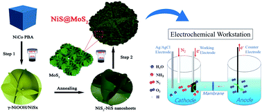 Graphical abstract: An advanced electrocatalyst for efficient synthesis of ammonia based on chemically coupled NiS@MoS2 heterostructured nanospheres