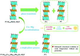 Graphical abstract: P3-Type K0.45Co1/12Mg1/12Mn5/6O2 as a superior cathode material for potassium-ion batteries with high structural reversibility ensured by Co–Mg Co-substitution