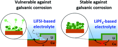 Graphical abstract: Janus behaviour of LiFSI- and LiPF6-based electrolytes for Li metal batteries: chemical corrosion versus galvanic corrosion