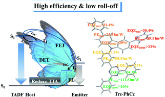 Graphical abstract: A universal thermally activated delayed fluorescent host with short triplet lifetime for highly efficient phosphorescent OLEDs with extremely low efficiency roll-off
