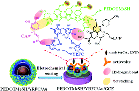 Graphical abstract: Preparation of thiol-grafted poly(3,4-ethylenedioxythiophene)/yolk–shell carbon sphere/Au composites for the simultaneous detection of caffeic acid and levofloxacin