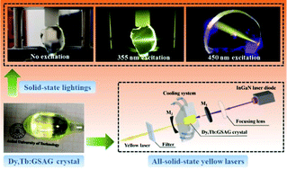 Graphical abstract: Single crystal growth and property investigation of Dy3+ and Tb3+ co-doped Gd3Sc2Al3O12 (GSAG): multiple applications for GaN blue LD pumped all-solid-state yellow lasers and UV or blue light chip excited solid-state lighting