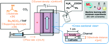 Graphical abstract: Bayesian optimization with constraint on passed charge for multiparameter screening of electrochemical reductive carboxylation in a flow microreactor