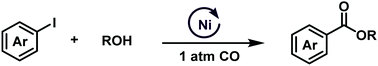 Graphical abstract: Nickel-catalyzed alkoxycarbonylation of aryl iodides with 1 atm CO