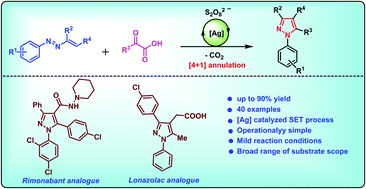 Graphical abstract: Silver-catalyzed decarboxylative cyclization for the synthesis of substituted pyrazoles from 1,2-diaza-1,3-dienes and α-keto acids
