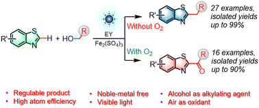 Graphical abstract: Regulable cross-coupling of alcohols and benzothiazoles via a noble-metal-free photocatalyst under visible light
