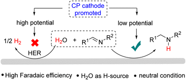 Graphical abstract: Cathode enabled high faradaic efficiency: reduction of imines to amines with H2O as a H-source