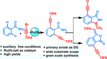 Graphical abstract: Ru(ii)-catalyzed external auxiliary-free primary amide-directed inverse Sonogashira reaction on (hetero)arylamides