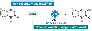 Graphical abstract: Photoredox-catalysed chlorination of quinoxalin-2(1H)-ones enabled by using CHCl3 as a chlorine source