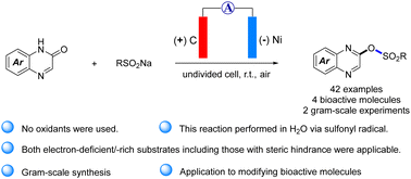 Graphical abstract: Electro-oxidation induced O–S cross-coupling of quinoxalinones with sodium sulfinates for synthesizing 2-sulfonyloxylated quinoxalines